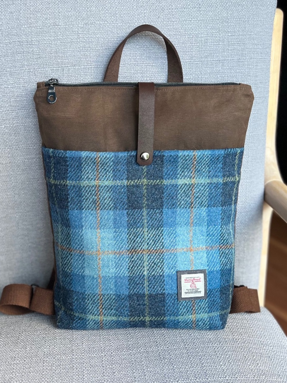 Harris Tweed backpack: blue tartan